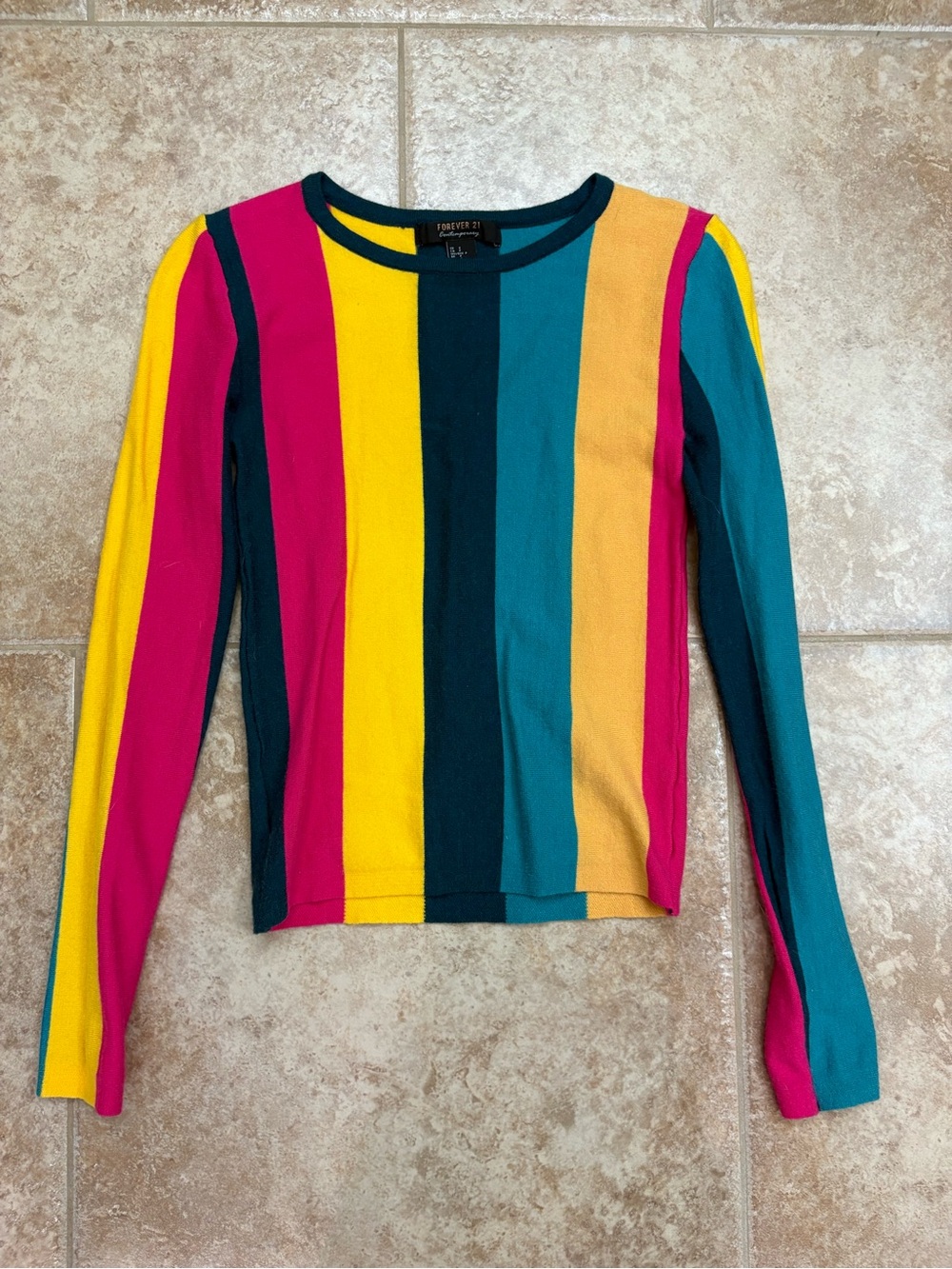 Forever 21 Teal, Yellow & Magenta Striped Long Sleeve Top